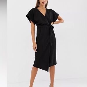 ASOS Black wrap belted lightweight dolman short sleeves midi dress Size 2
